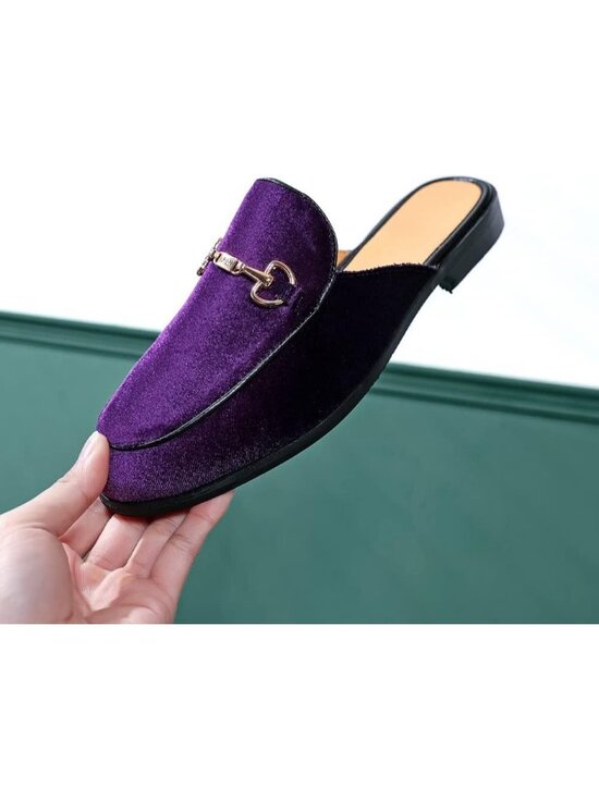 Men\'s Purple Rubber Sole Velvet Leather Gold Buckle Slip On Penny Loafer Slipper main image 4